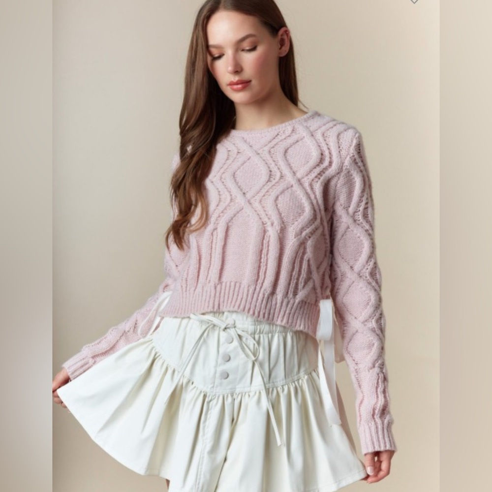 🆕 Peach Love California, Pink Satin-Bow Cable Knit Sweater, Size S |m l